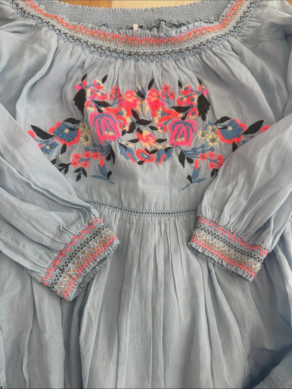 Free People Light Blue Embroidered Off-Shoulder Tunic Dress